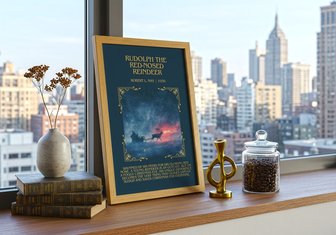 Rudolph The Red-Nosed Reindeer Minimalist Book Poster by Robert L. May – framed print on a city-view windowsill