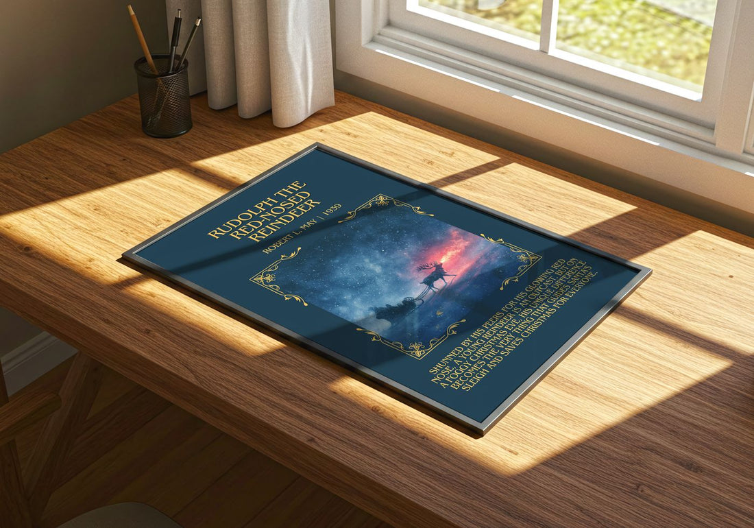 Rudolph The Red-Nosed Reindeer Minimalist Book Poster by Robert L. May – print on a sunlit desk