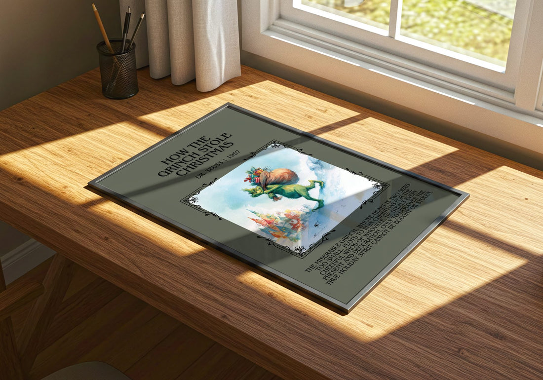 How The Grinch Stole Christmas Minimalist Book Poster by Dr. Seuss – print on a sunlit desk