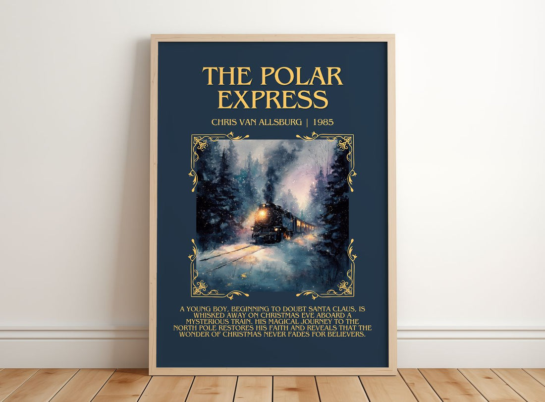 The Polar Express Minimalist Book Poster by Chris Van Allsburg – framed print leaning on a wooden floor