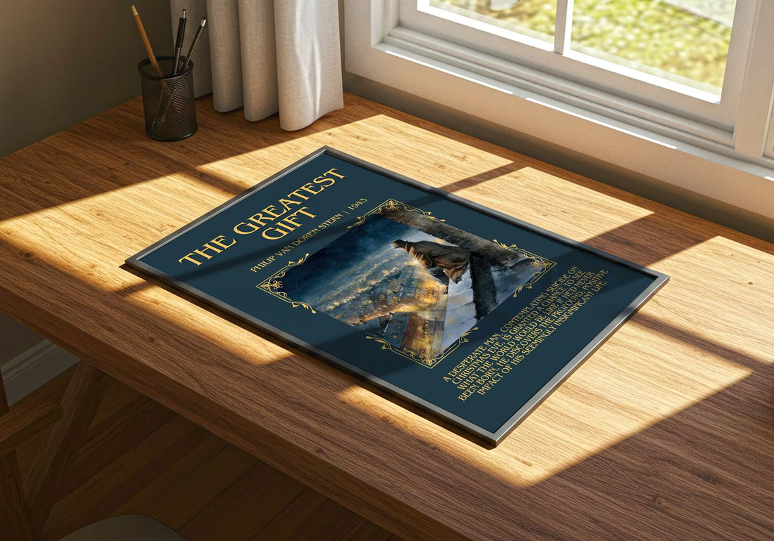 The Greatest Gift Minimalist Book Poster by Philip Van Doren Stern – print on a sunlit desk