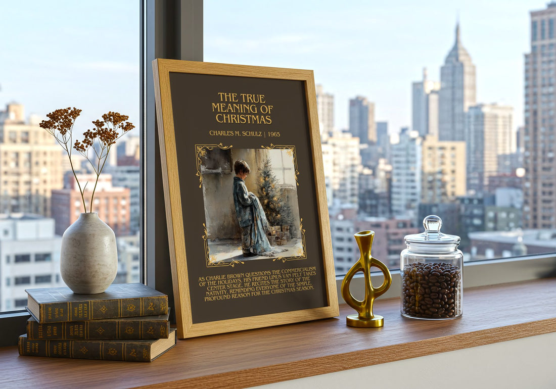 True Meaning Of Christmas Minimalist Book Poster by Charles M. Schulz – framed print on a city-view windowsill