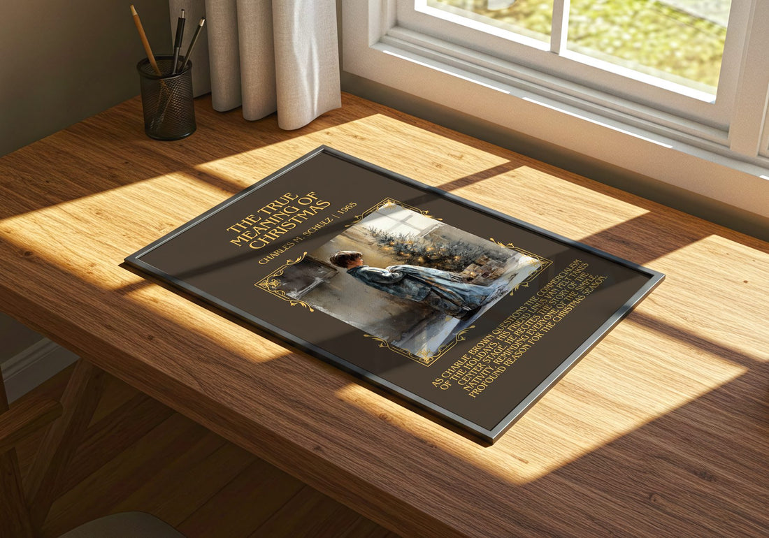True Meaning Of Christmas Minimalist Book Poster by Charles M. Schulz – print on a sunlit desk
