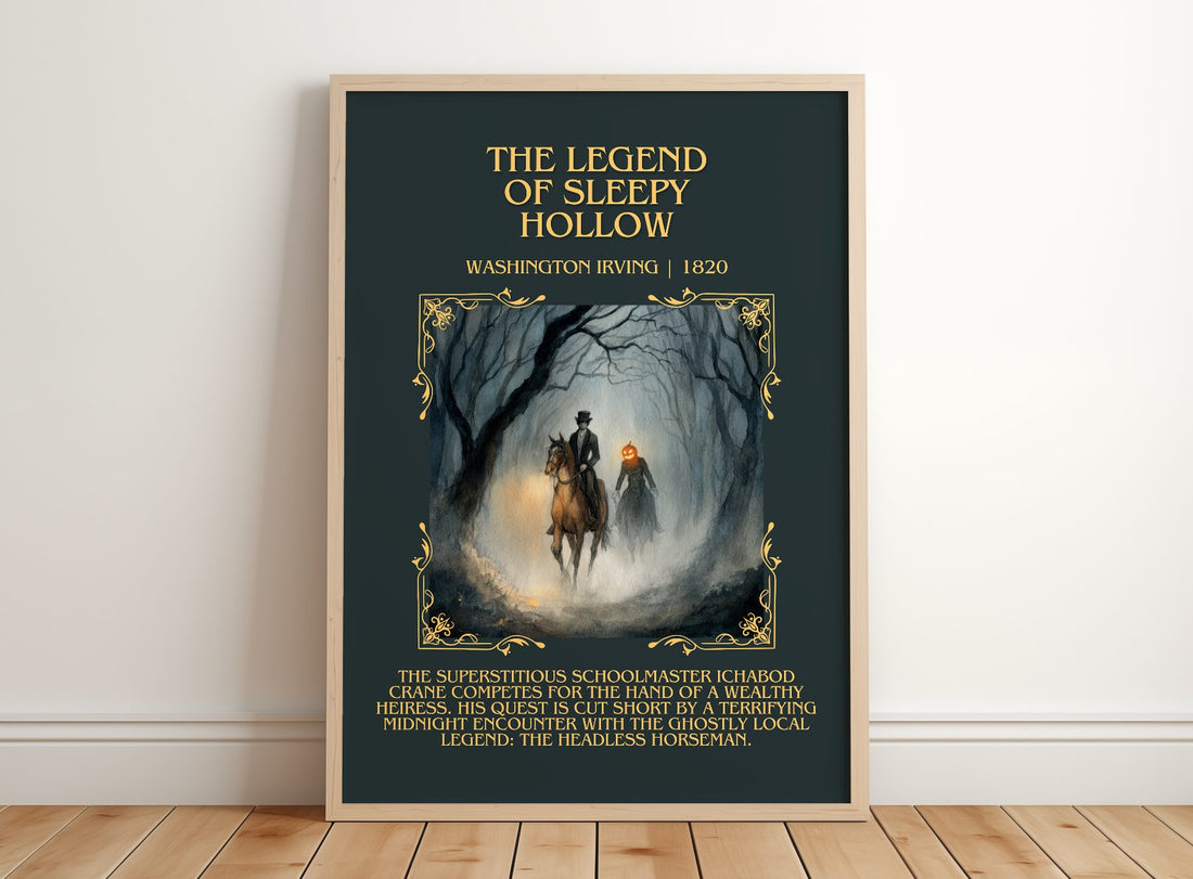 Legend Of Sleepy Hollow Minimalist Book Poster by Washington Irving – framed print leaning on a wooden floor