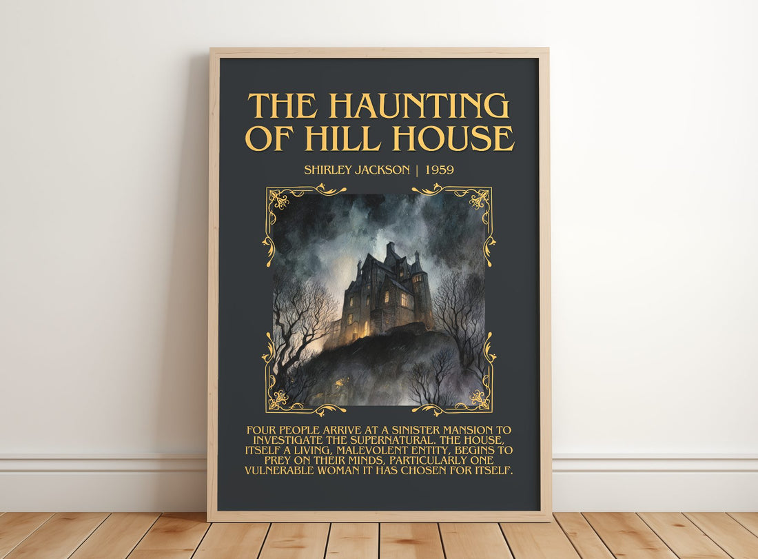 The Haunting Of Hill House Minimalist Book Poster by Shirley Jackson – framed print leaning on a wooden floor