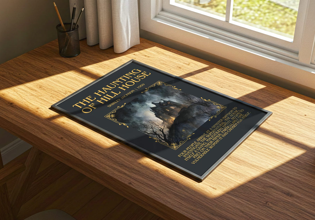 The Haunting Of Hill House Minimalist Book Poster by Shirley Jackson – print on a sunlit desk