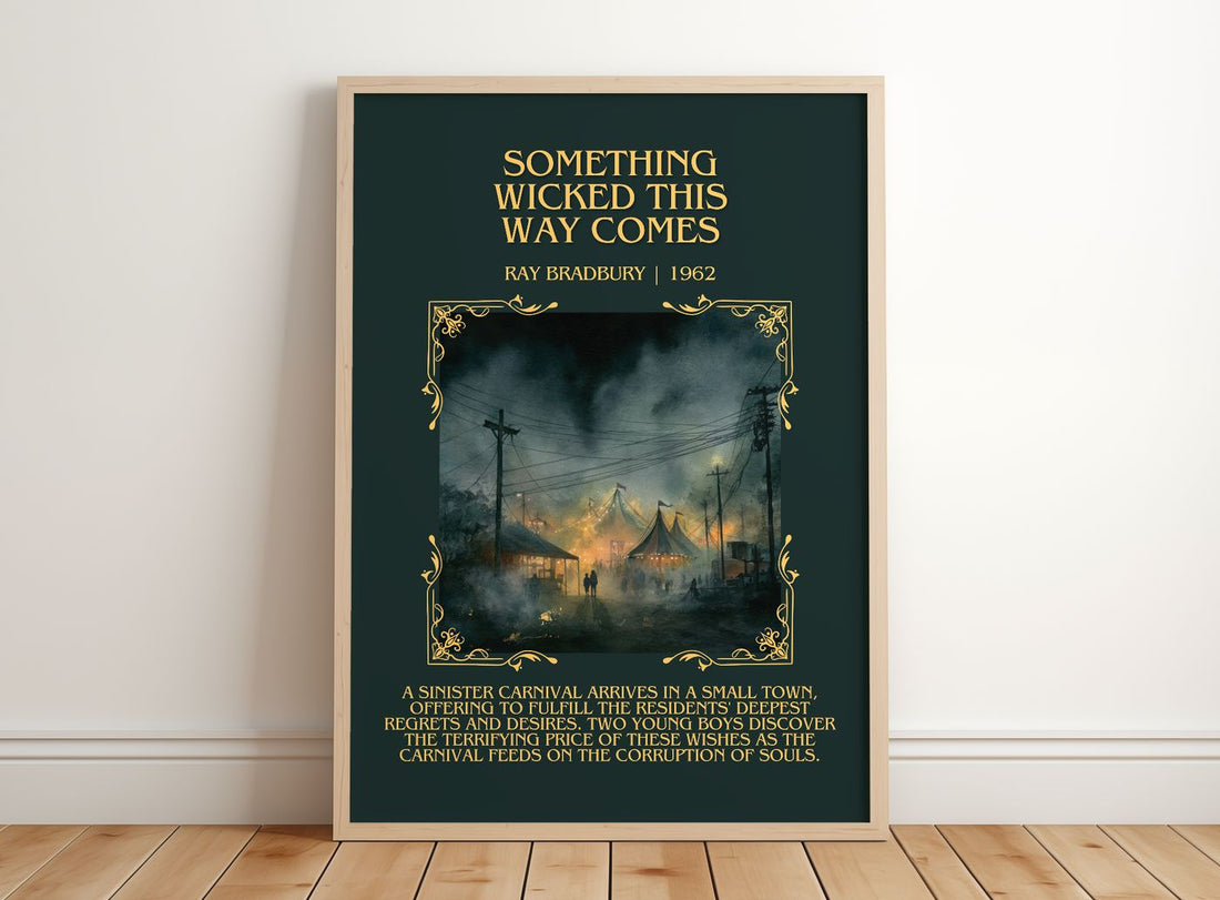 Something Wicked This Way Comes Minimalist Book Poster by Ray Bradbury – framed print leaning on a wooden floor