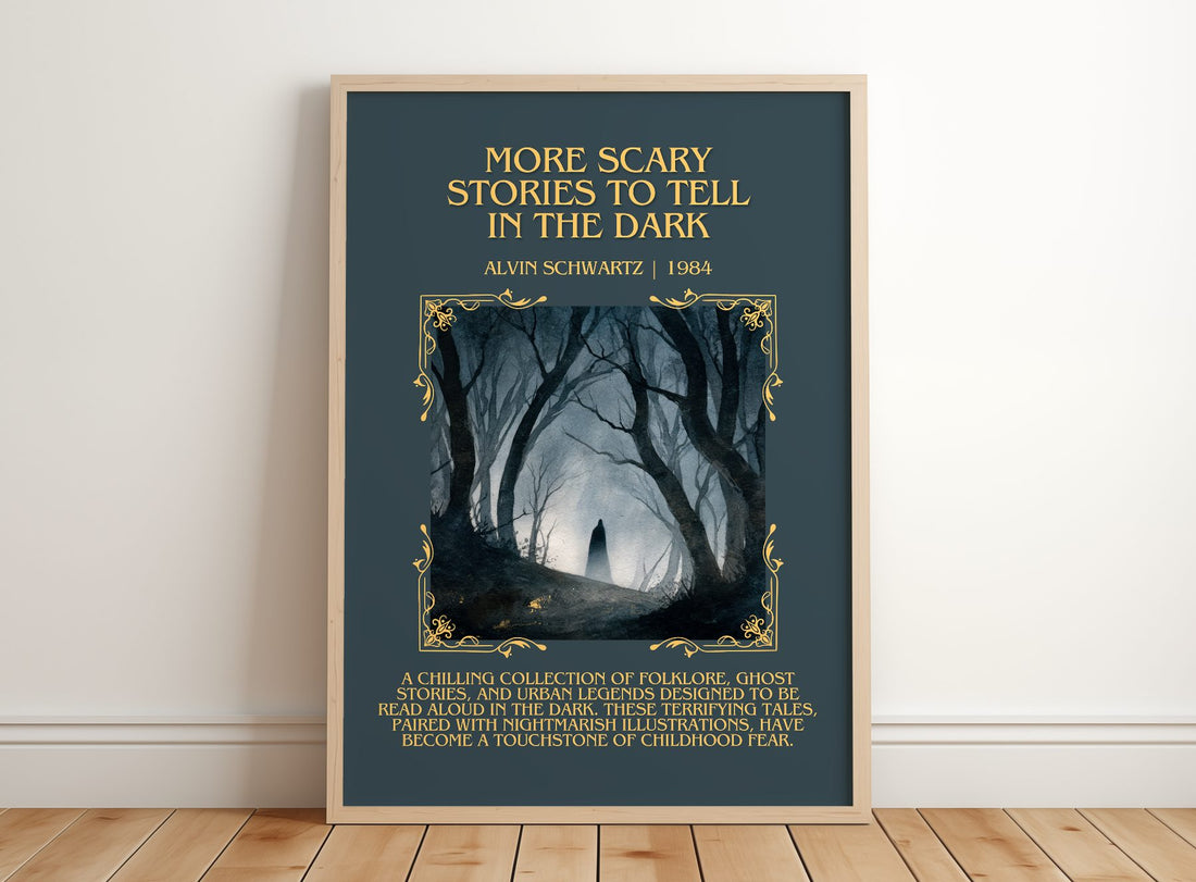 More Scary Stories To Tell In The Dark Minimalist Book Poster – framed print leaning on a wooden floor