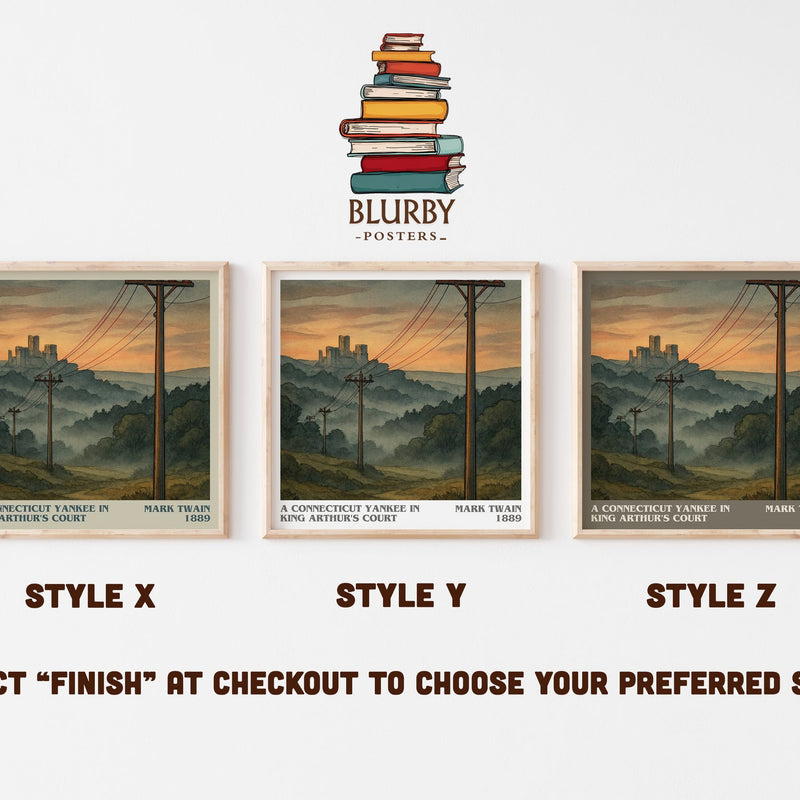 A Connecticut Yankee In King Arthur's Court literary print in frame leaning in hallway – satire wall art