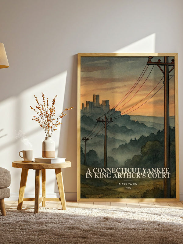 A Connecticut Yankee In King Arthur'S Court watercolour print in frame leaning in hallway – satire wall art