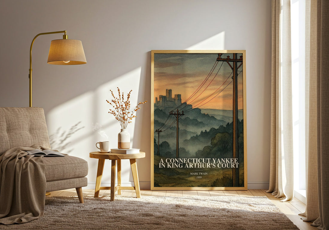 A Connecticut Yankee In King Arthur'S Court watercolour print in frame leaning in hallway – satire wall art (mockup)