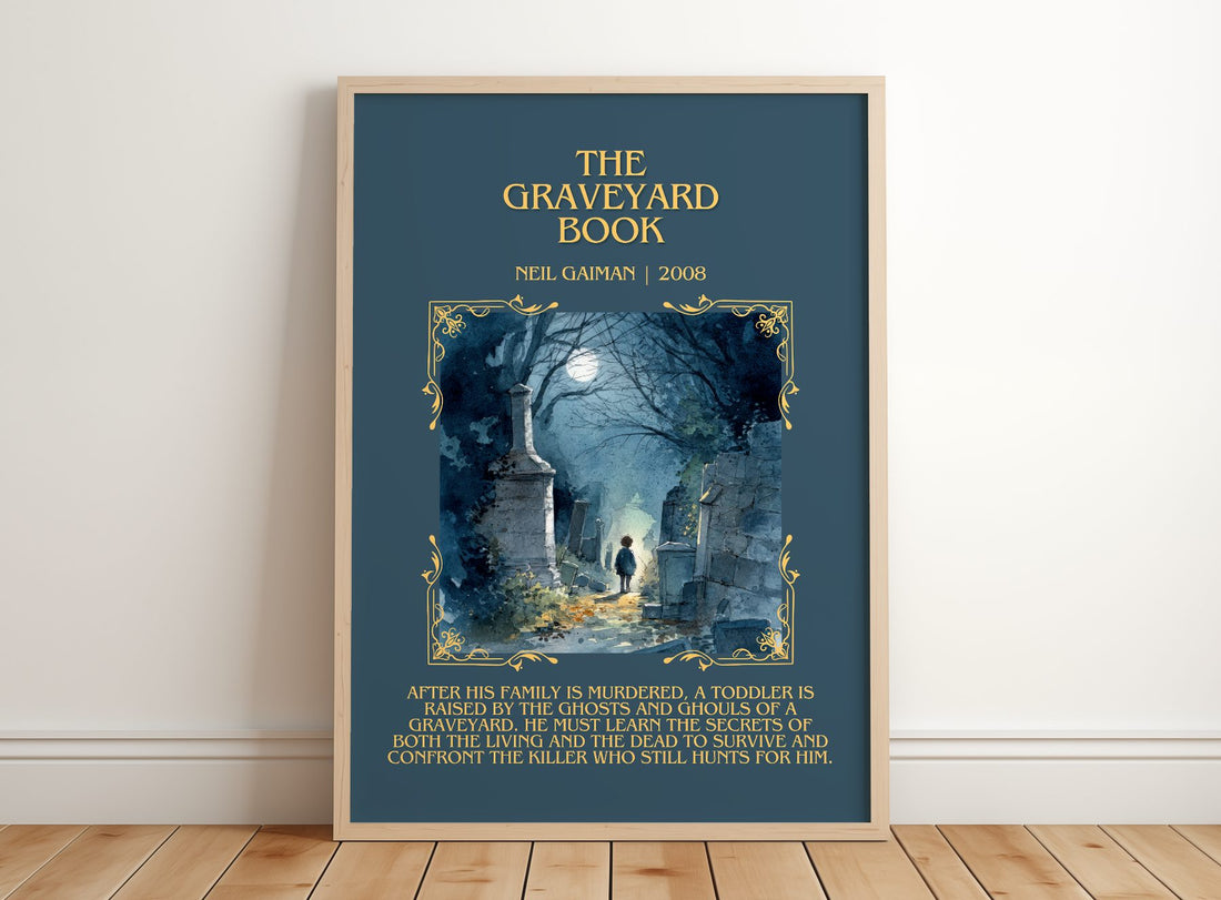 The Graveyard Book Minimalist Book Poster by Neil Gaiman – framed print leaning on a wooden floor