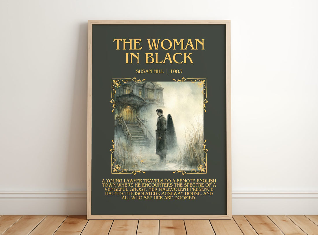 The Woman In Black Minimalist Book Poster by Susan Hill – framed print leaning on a wooden floor