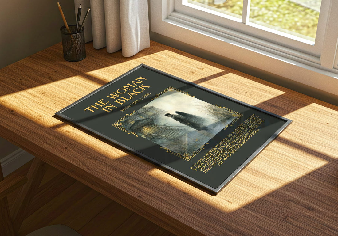 The Woman In Black Minimalist Book Poster by Susan Hill – print on a sunlit desk