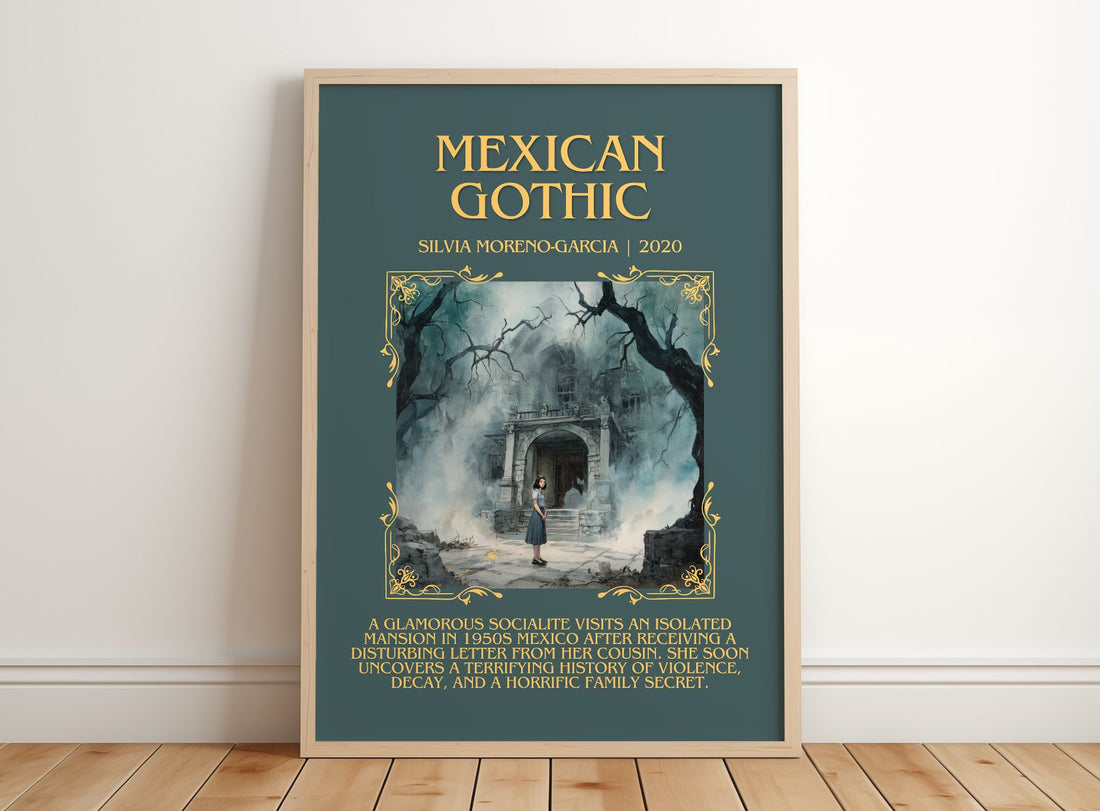 Mexican Gothic Minimalist Book Poster by Silvia Moreno-Garcia – framed print leaning on a wooden floor