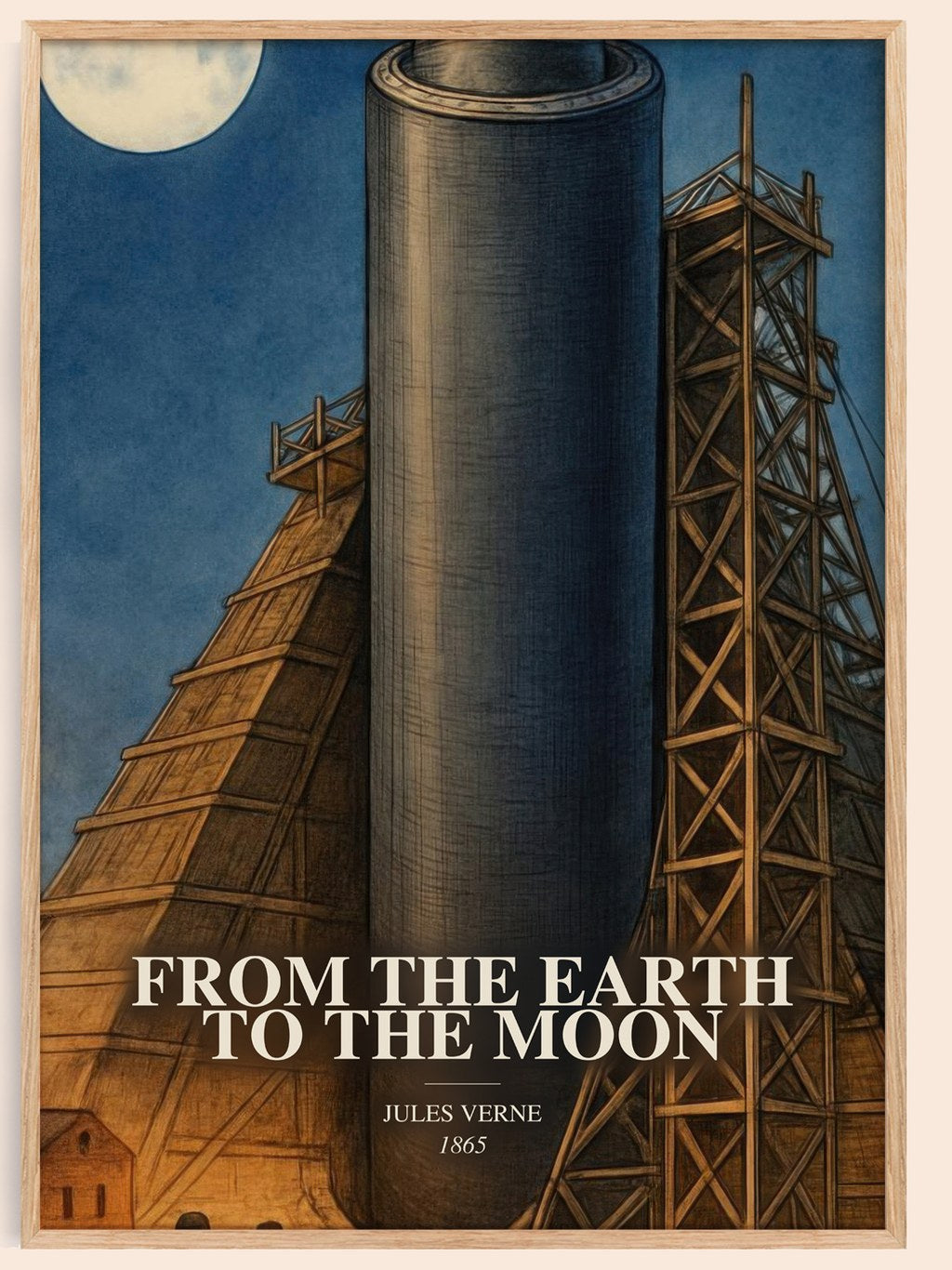 From The Earth To The Moon watercolour book poster by Jules Verne – framed literary art print