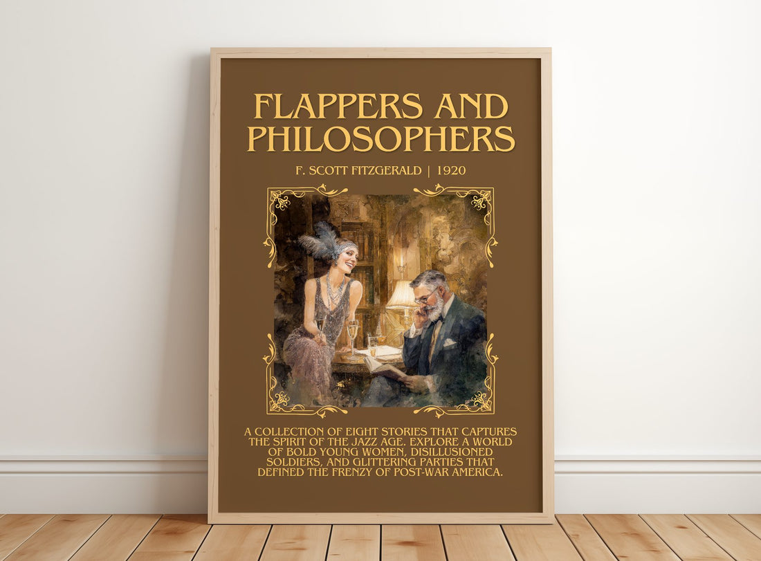 Flappers And Philosophers Minimalist Book Poster by F. Fitzgerald – framed print leaning on a wooden floor