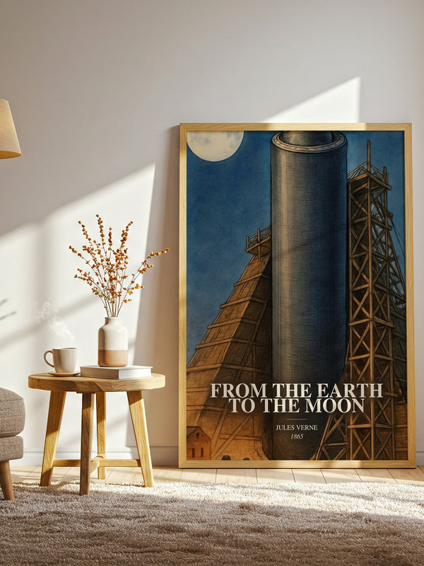 From The Earth To The Moon watercolour print in frame leaning in hallway – sci fi wall art