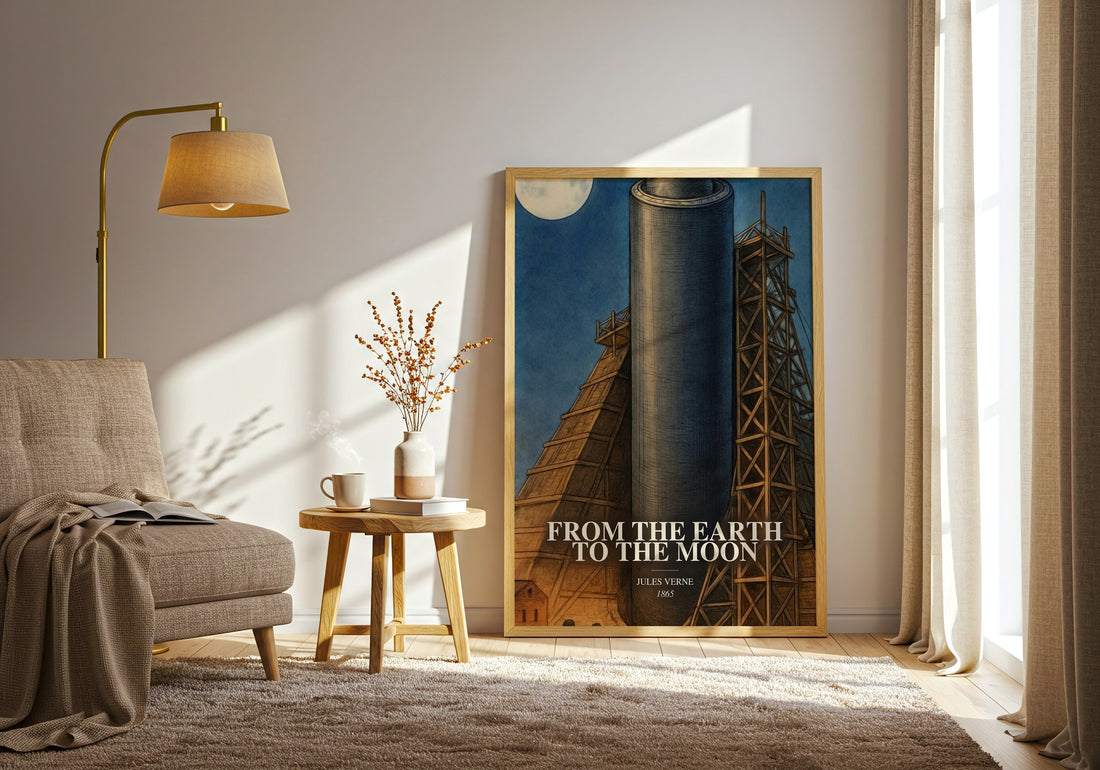 From The Earth To The Moon watercolour print in frame leaning in hallway – sci fi wall art (mockup)