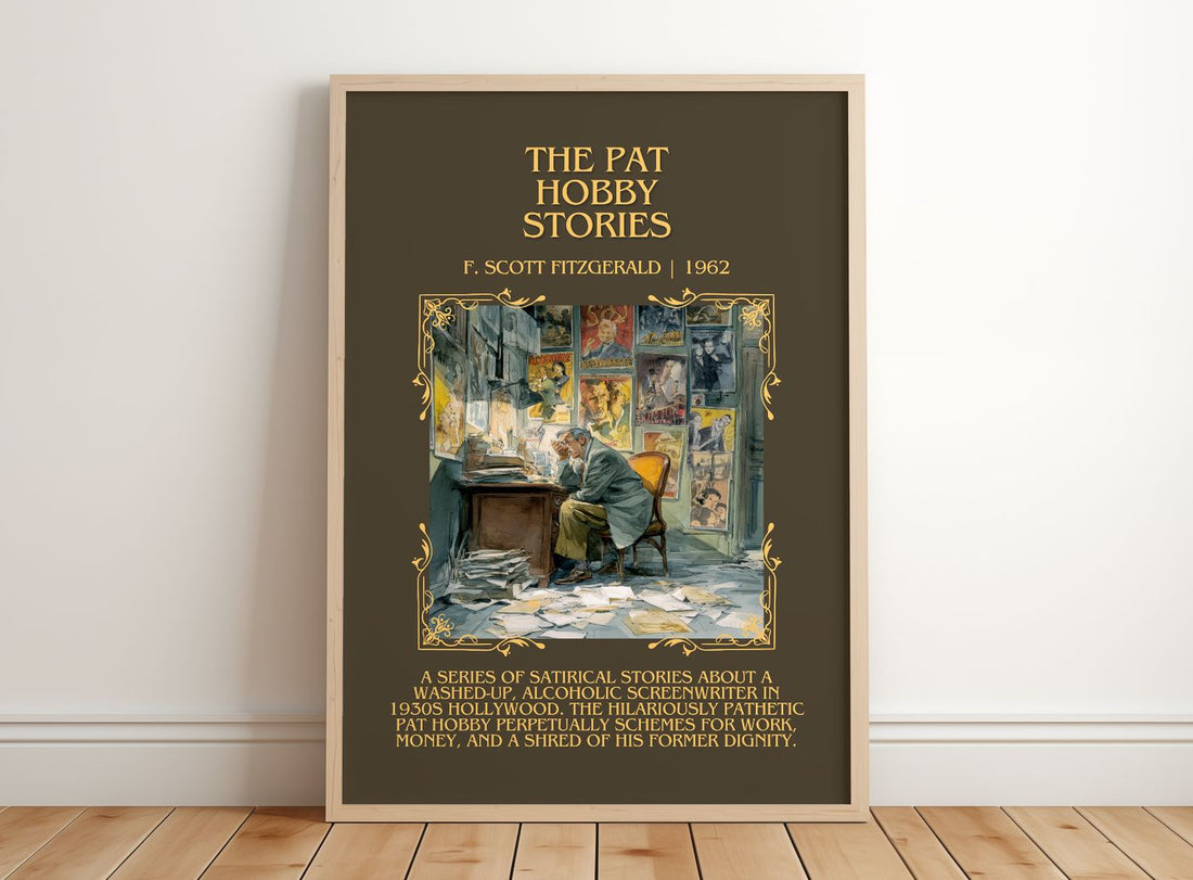The Pat Hobby Stories Minimalist Book Poster by F. Scott Fitzgerald – framed print leaning on a wooden floor