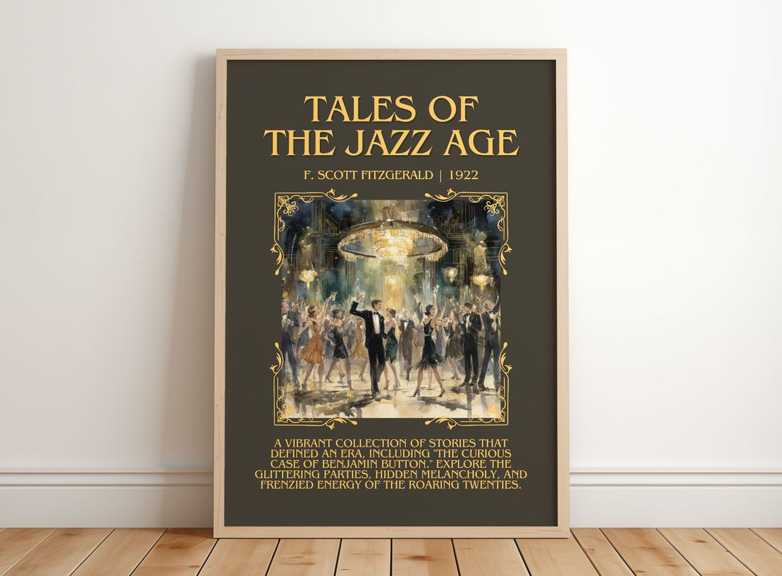 Tales Of The Jazz Age Minimalist Book Poster by F. Scott Fitzgerald – framed print leaning on a wooden floor