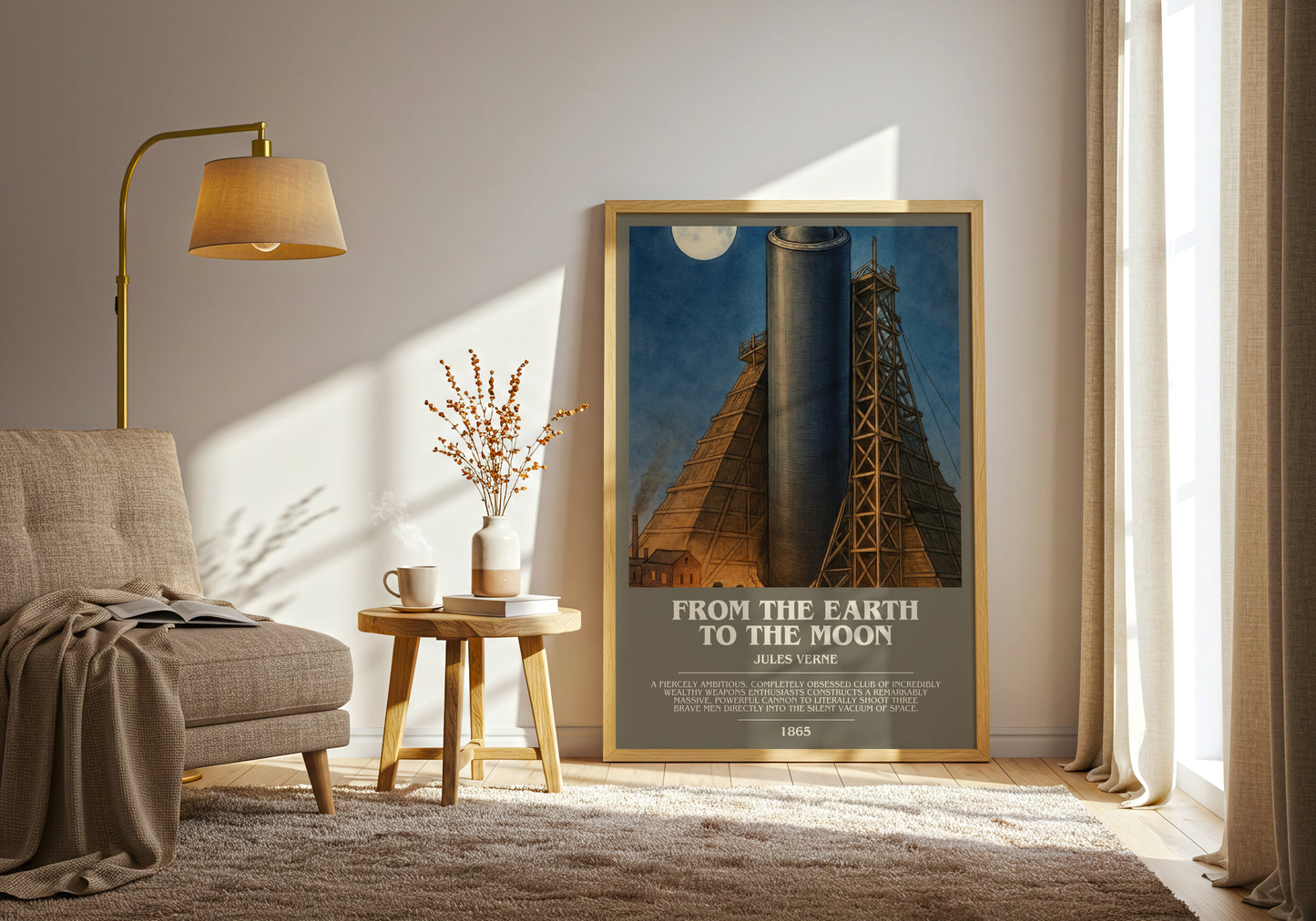 From The Earth To The Moon bookish print on bookshelf – Jules Verne fan gift