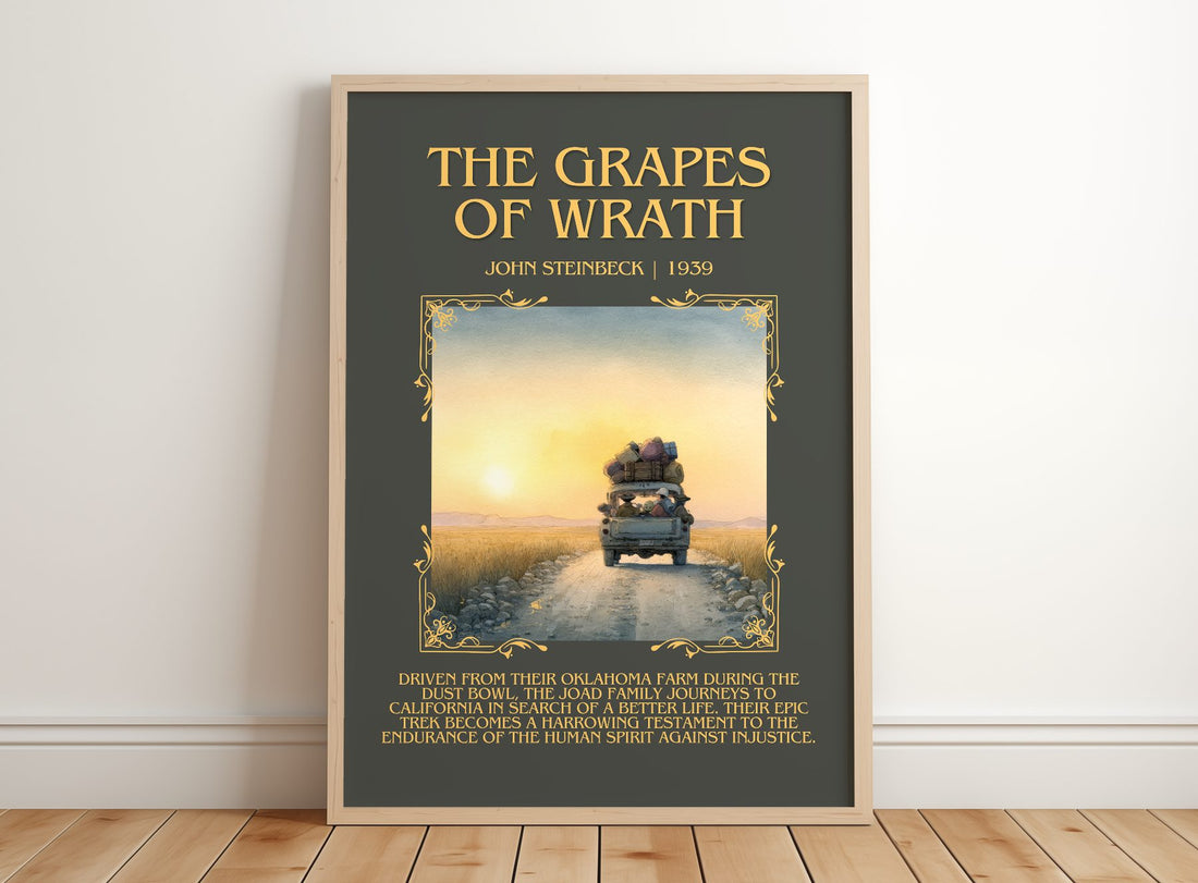 The Grapes Of Wrath Minimalist Book Poster by John Steinbeck – framed print leaning on a wooden floor