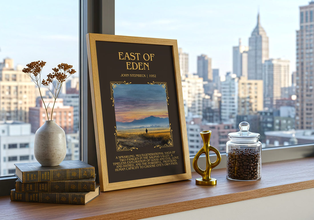 East Of Eden Minimalist Book Poster by John Steinbeck – framed print on a city-view windowsill