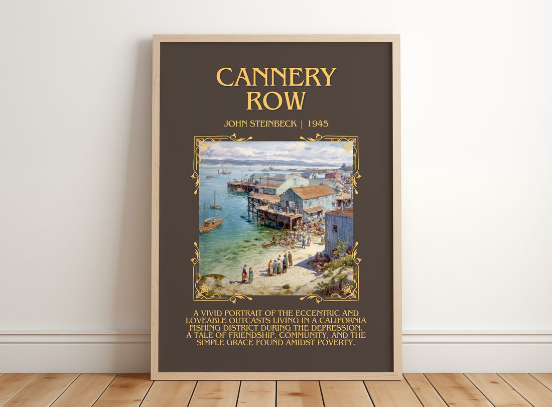 Cannery Row Minimalist Book Poster by John Steinbeck – framed print leaning on a wooden floor