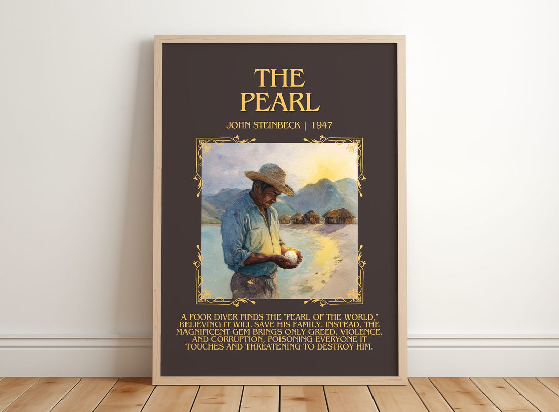 The Pearl Minimalist Book Poster by John Steinbeck – framed print leaning on a wooden floor