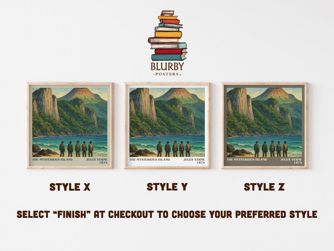 The Mysterious Island literary print in frame leaning in hallway – adventure wall art (mockup)