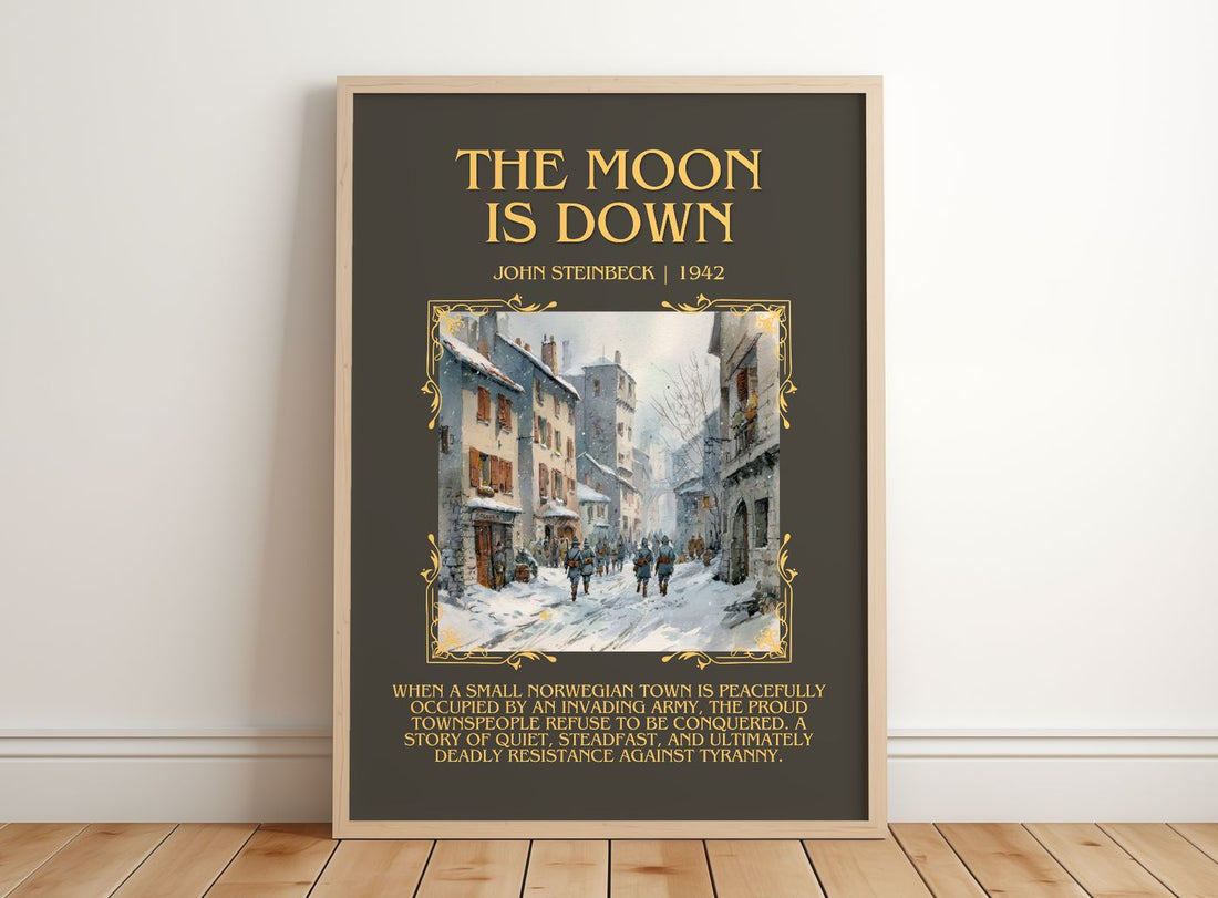The Moon Is Down Minimalist Book Poster by John Steinbeck – framed print leaning on a wooden floor