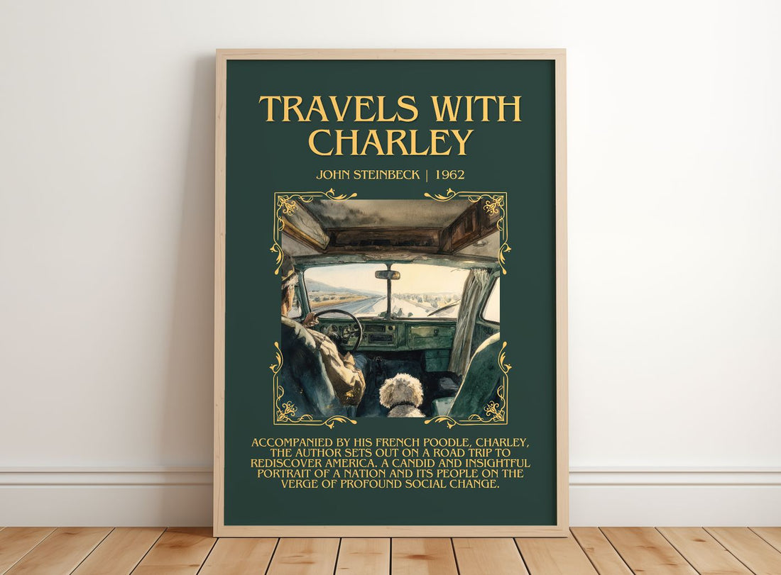 Travels With Charley Minimalist Book Poster by John Steinbeck – framed print leaning on a wooden floor