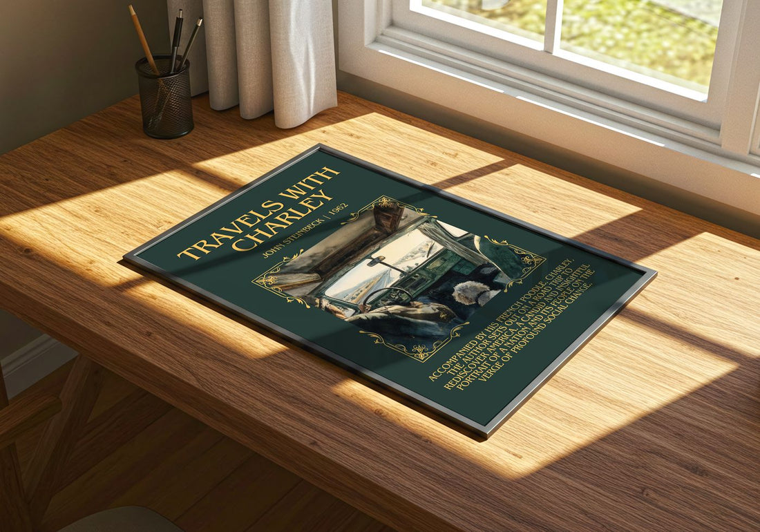 Travels With Charley Minimalist Book Poster by John Steinbeck – print on a sunlit desk