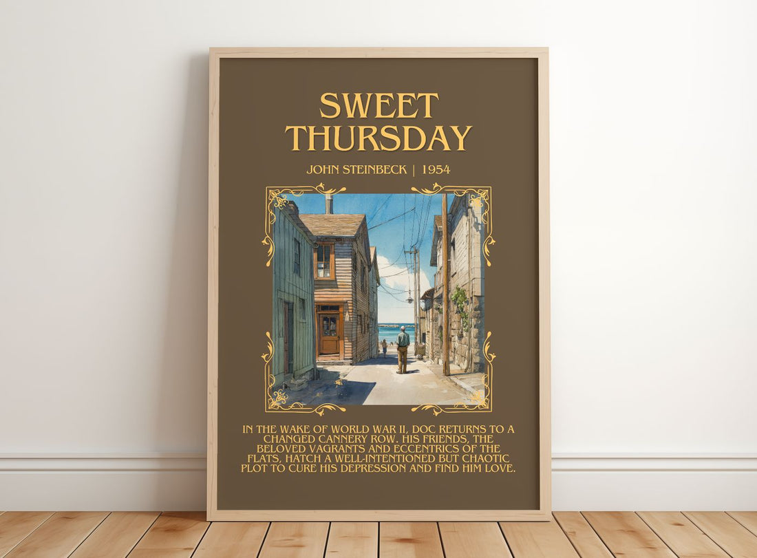 Sweet Thursday Minimalist Book Poster by John Steinbeck – framed print leaning on a wooden floor