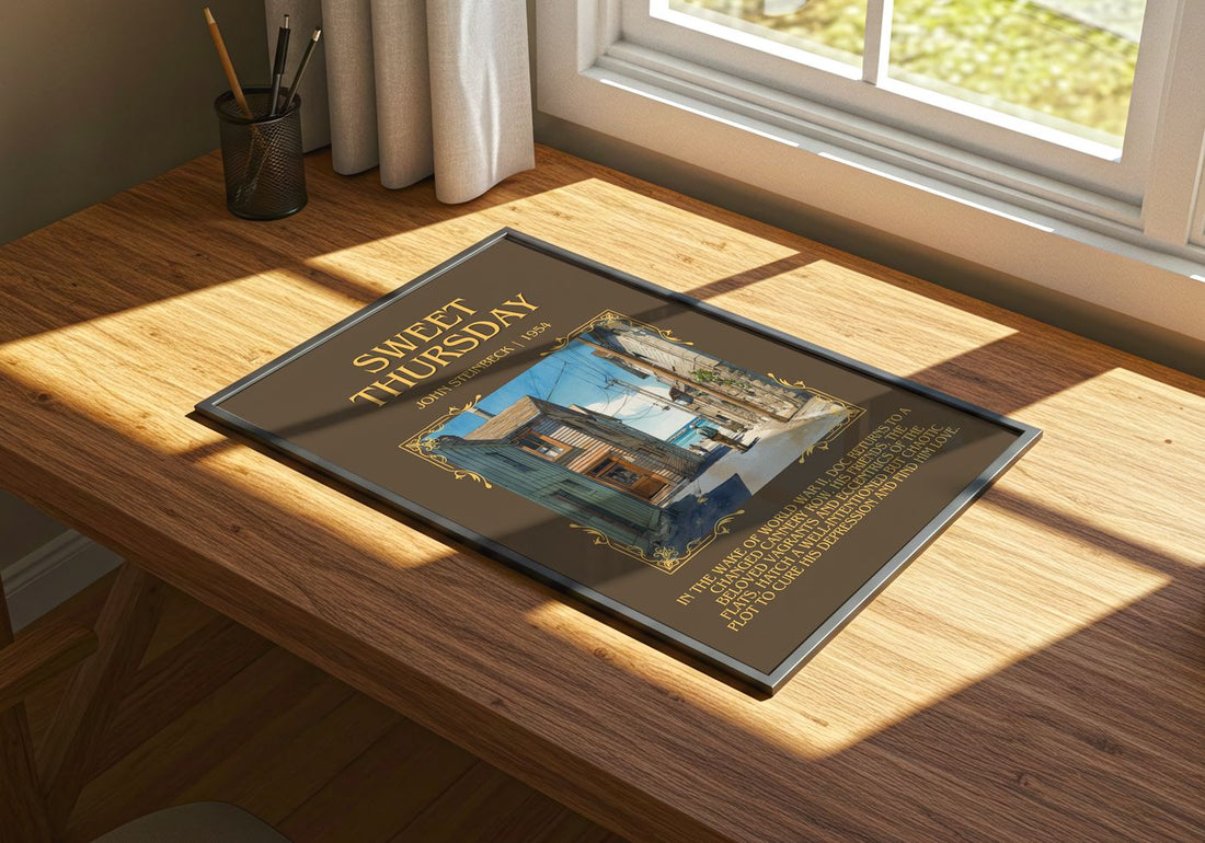 Sweet Thursday Minimalist Book Poster by John Steinbeck – print on a sunlit desk