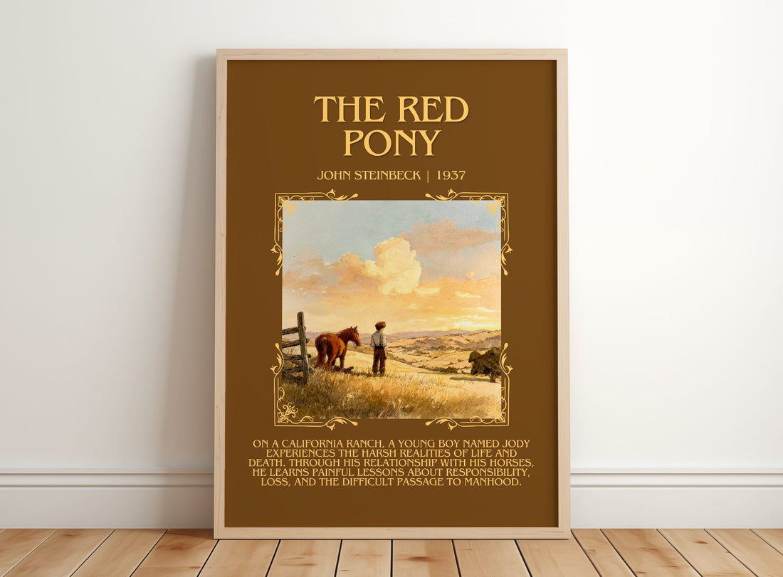 The Red Pony Minimalist Book Poster by John Steinbeck – framed print leaning on a wooden floor