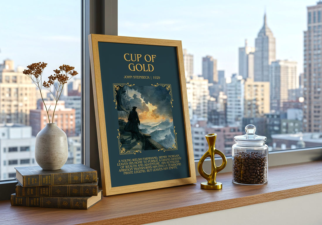 Cup Of Gold Minimalist Book Poster by John Steinbeck – framed print on a city-view windowsill