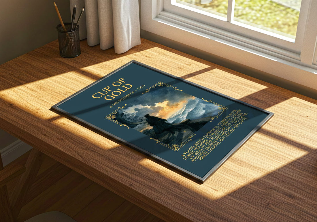 Cup Of Gold Minimalist Book Poster by John Steinbeck – print on a sunlit desk
