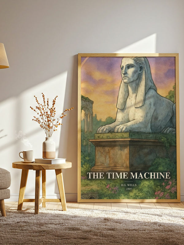 The Time Machine watercolour print in frame leaning in hallway – sci fi wall art