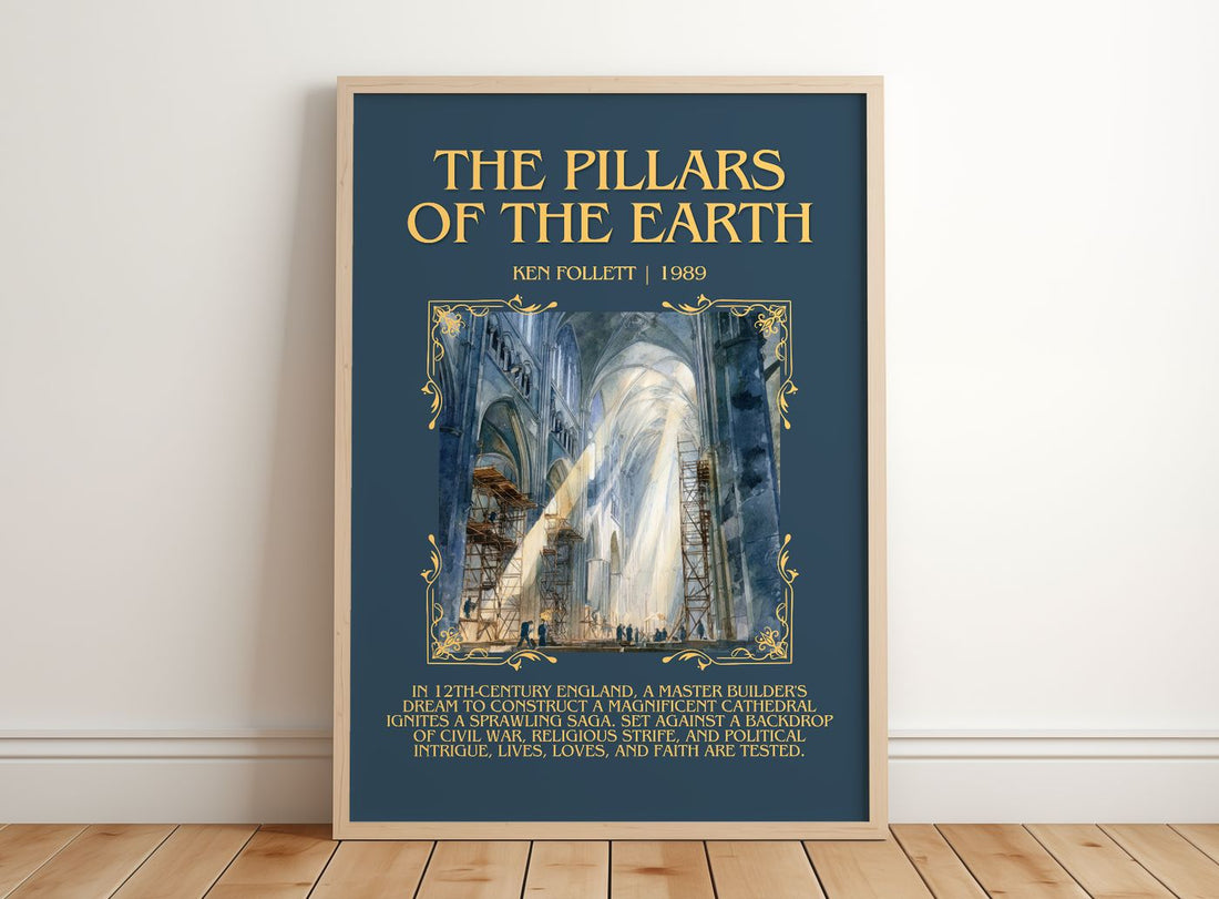 The Pillars Of The Earth Minimalist Book Poster by Ken Follett – framed print leaning on a wooden floor