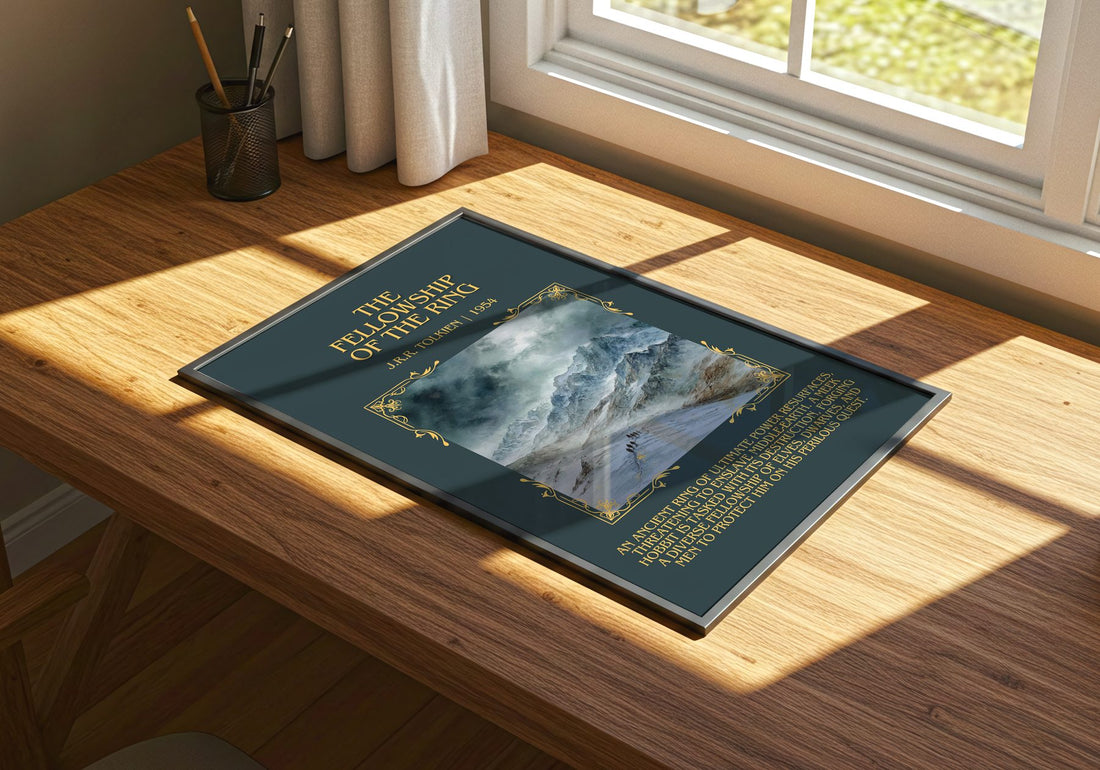 The Fellowship Of The Ring Minimalist Book Poster by J.R.R. Tolkien – print on a sunlit desk