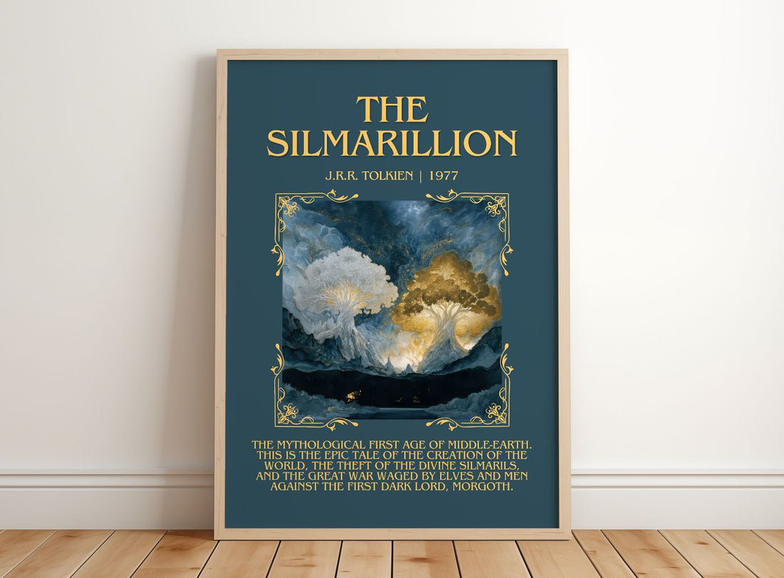 The Silmarillion Minimalist Book Poster by J.R.R. Tolkien – framed print leaning on a wooden floor
