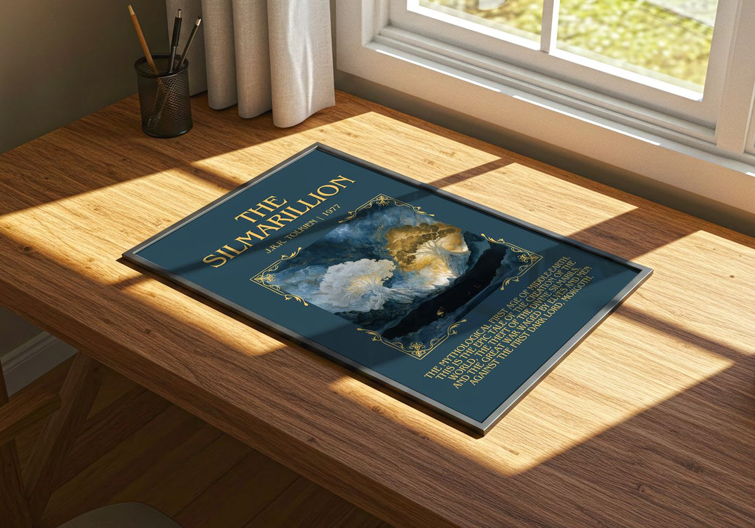 The Silmarillion Minimalist Book Poster by J.R.R. Tolkien – print on a sunlit desk