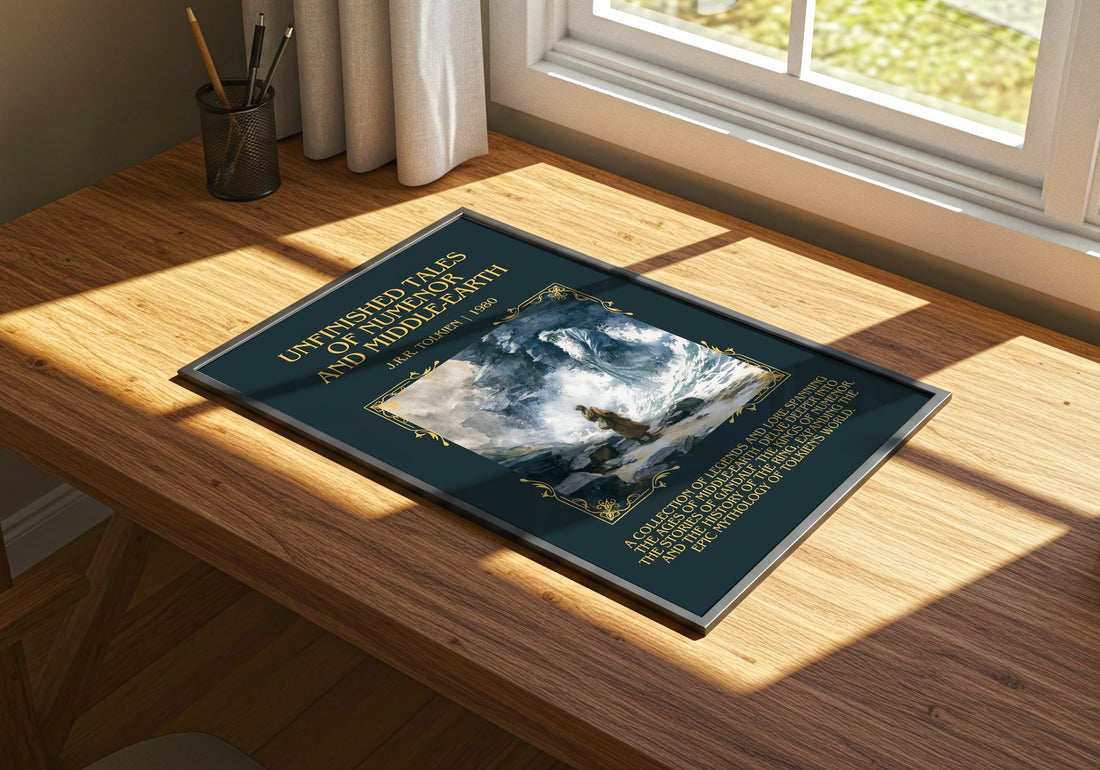 Unfinished Tales Of Numenor And Middle-Earth Minimalist Book Poster – – print on a sunlit desk
