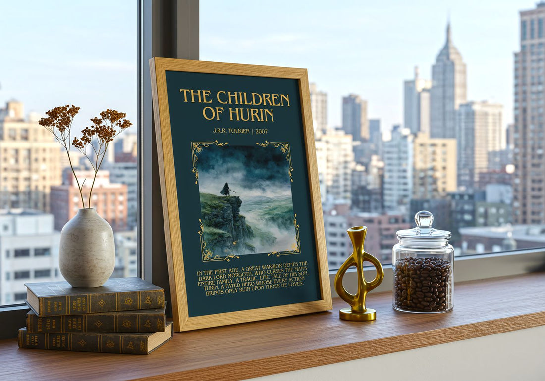 The Children Of Húrin Minimalist Book Poster by J.R.R. Tolkien – framed print on a city-view windowsill