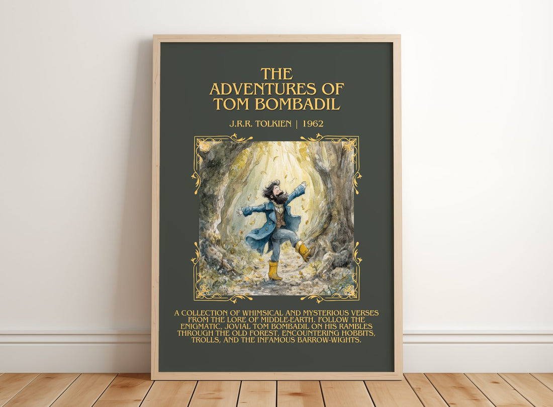 Adventures Of Tom Bombadil Minimalist Book Poster by J.R.R. Tolkien – framed print leaning on a wooden floor