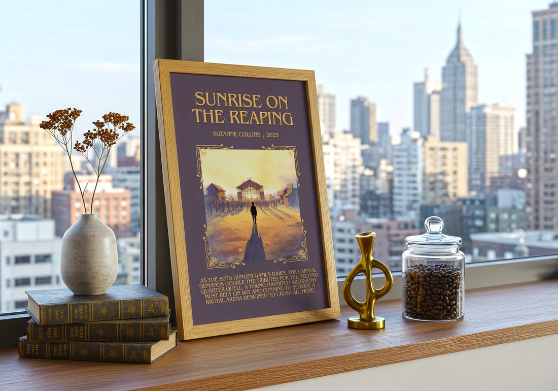 Sunrise On The Reaping Minimalist Book Poster by Suzanne Collins – framed print on a city-view windowsill