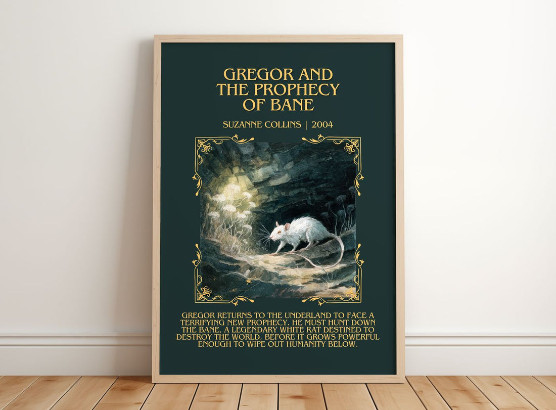 Gregor And The Prophecy Of Bane Minimalist Book Poster by S. Collins – framed print leaning on a wooden floor