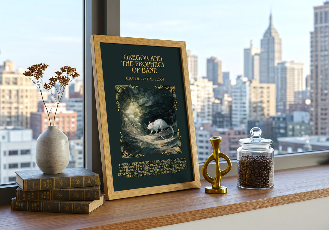 Gregor And The Prophecy Of Bane Minimalist Book Poster by S. Collins – framed print on a city-view windowsill